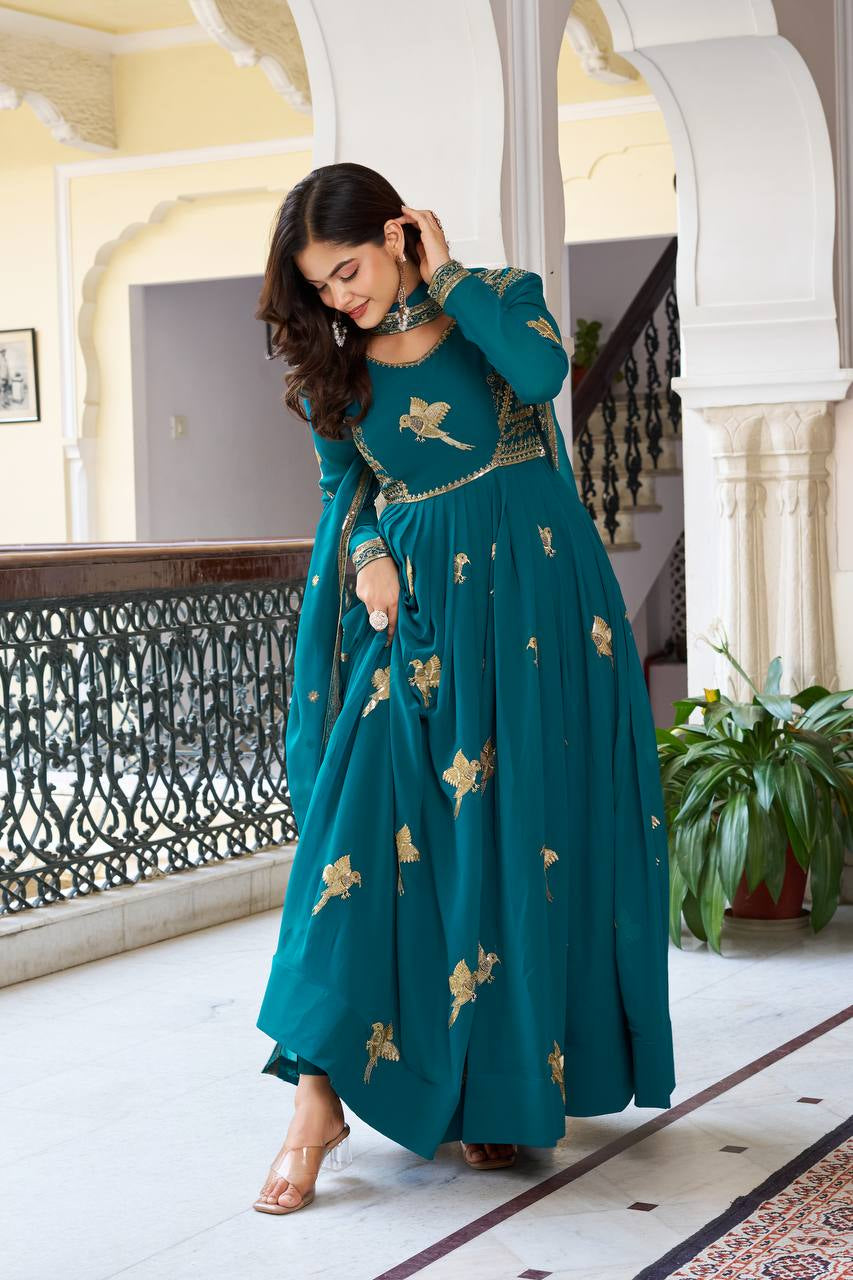 Womenline Elegant Teal Green Anarkali Gown Set with Golden Bird Motif Embroidery & Dupatta