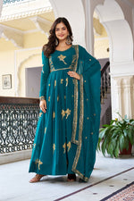 Womenline Elegant Teal Green Anarkali Gown Set with Golden Bird Motif Embroidery & Dupatta