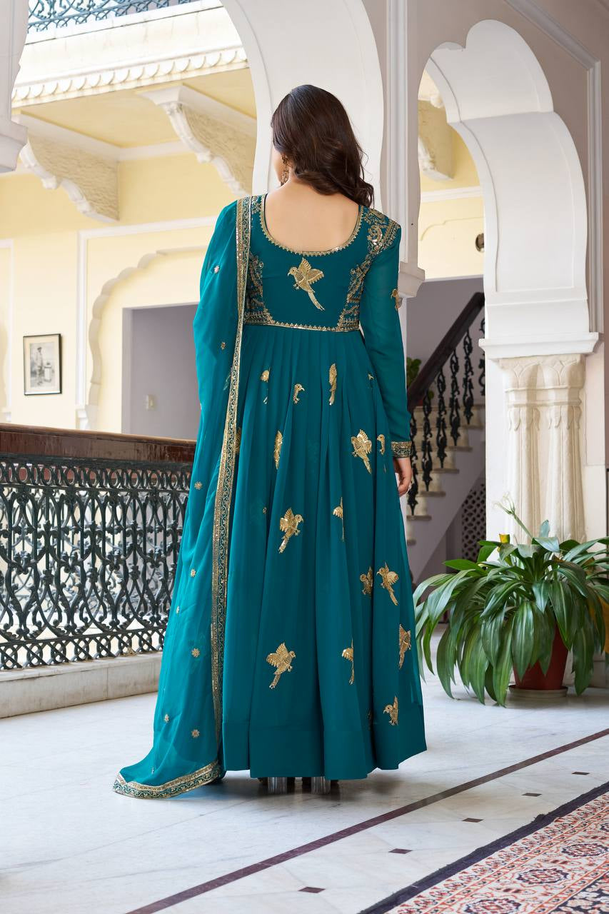 Womenline Elegant Teal Green Anarkali Gown Set with Golden Bird Motif Embroidery & Dupatta