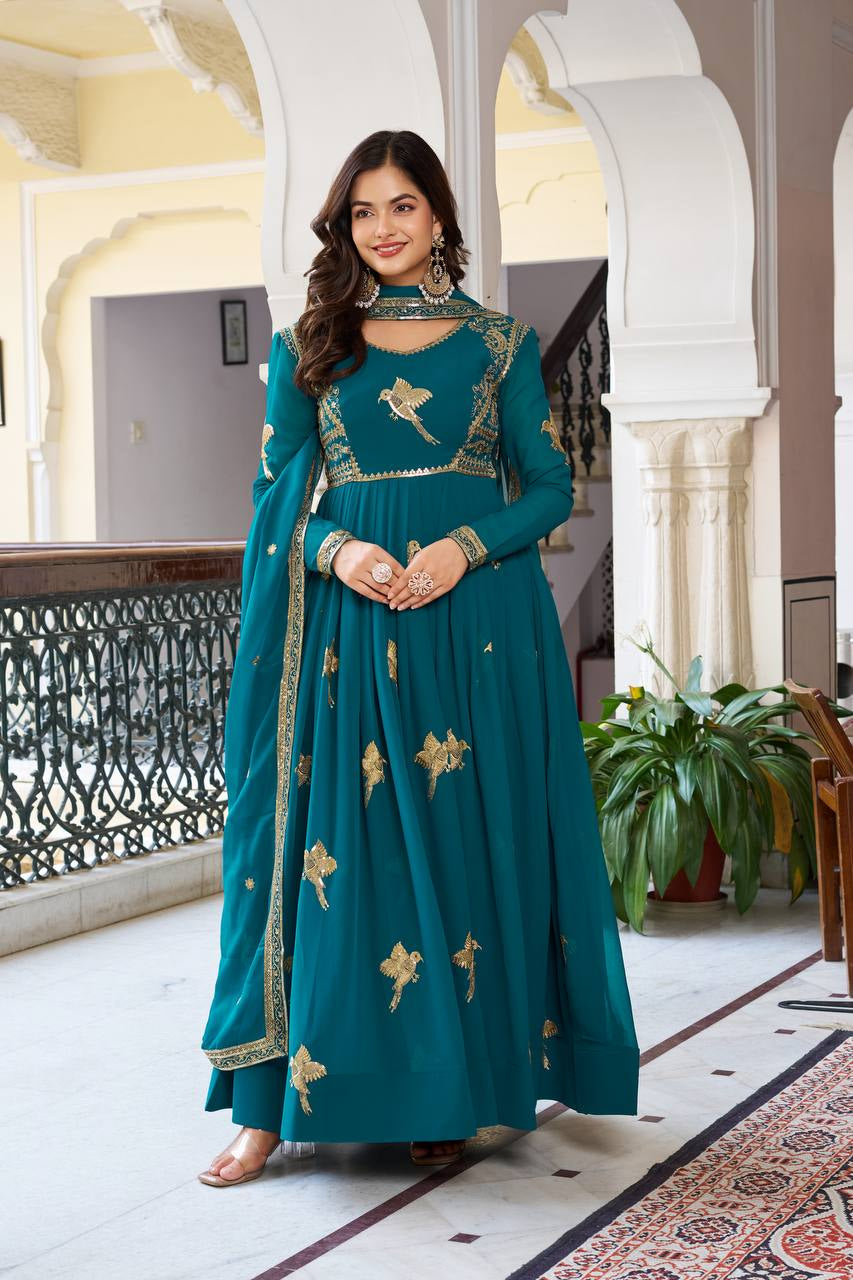 Womenline Elegant Teal Green Anarkali Gown Set with Golden Bird Motif Embroidery & Dupatta