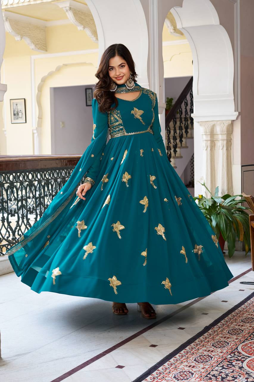 Womenline Elegant Teal Green Anarkali Gown Set with Golden Bird Motif Embroidery & Dupatta