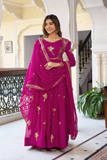 Womenline Elegant Rani Pink Anarkali Gown Set with Golden Bird Motif Embroidery & Dupatta