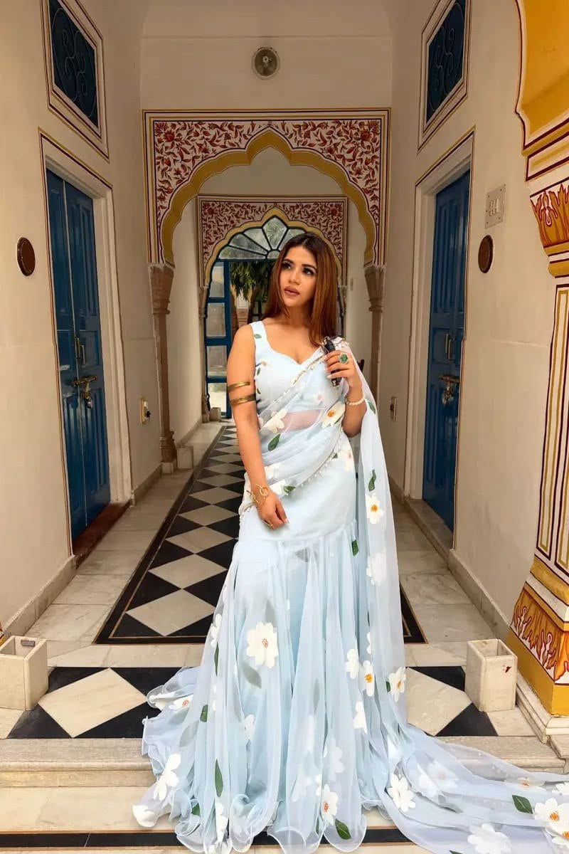 Womenline Powder Blue Floral Printed Premium Georgette Lehenga Saree