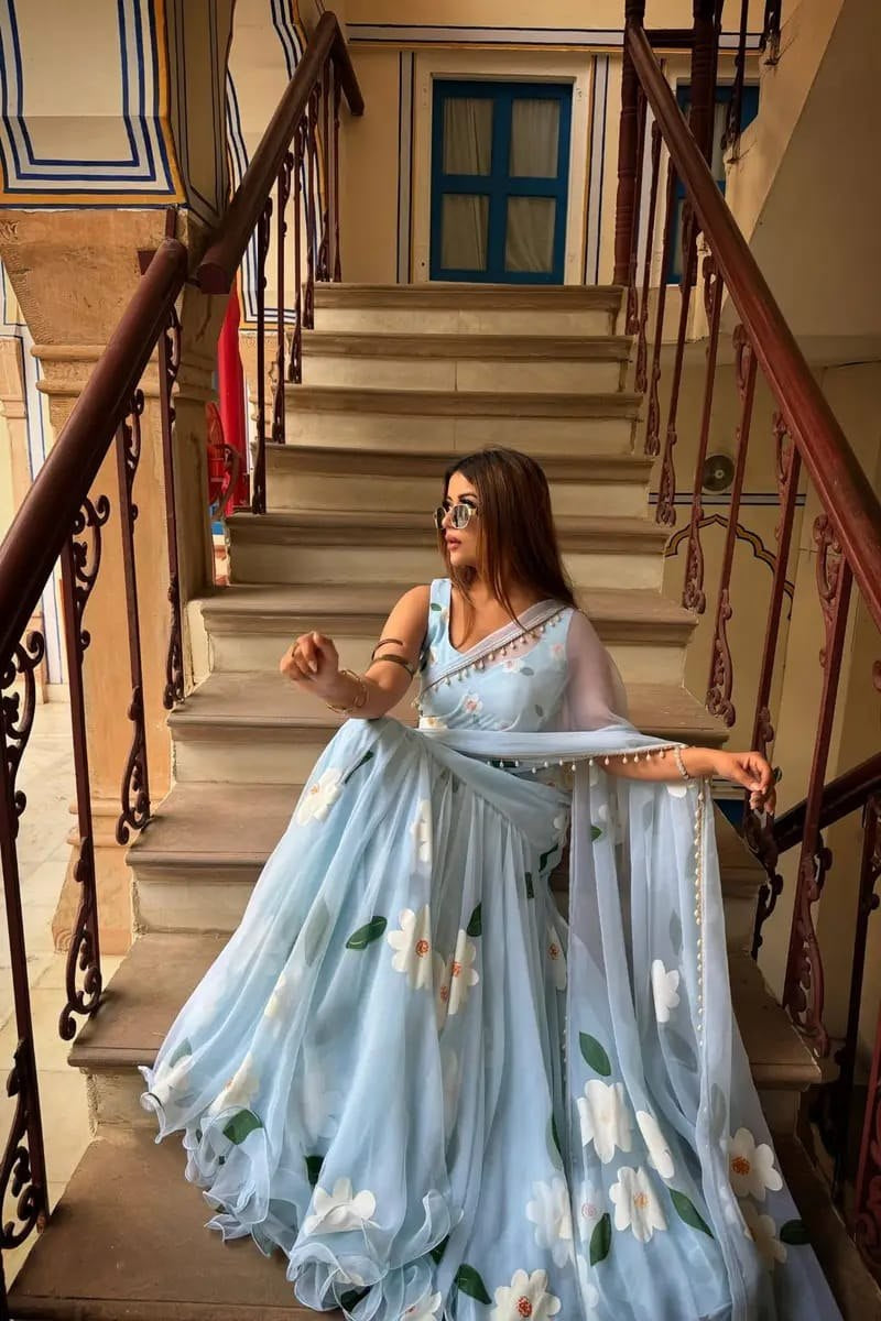 Womenline Powder Blue Floral Printed Premium Georgette Lehenga Saree