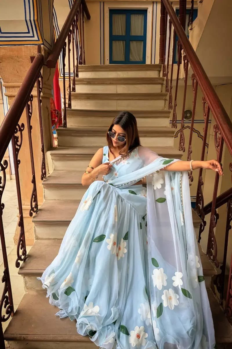 Womenline Powder Blue Floral Printed Premium Georgette Lehenga Saree