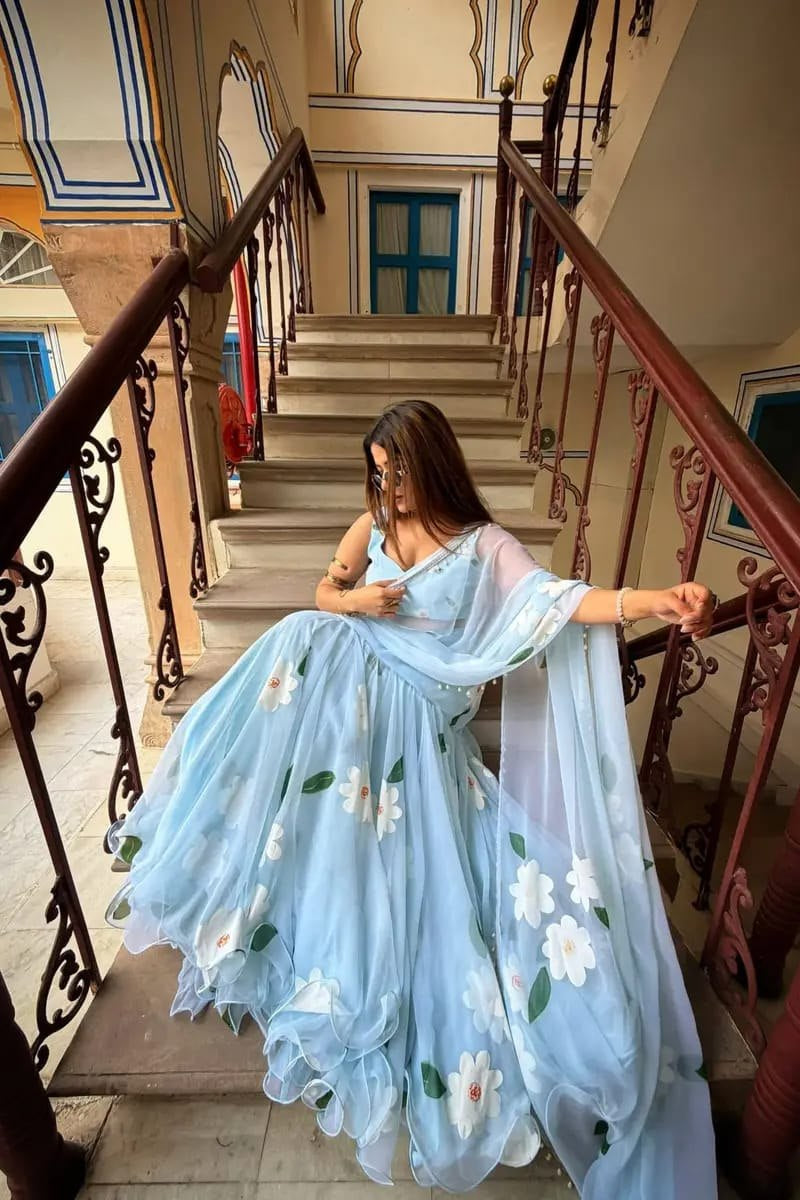 Womenline Powder Blue Floral Printed Premium Georgette Lehenga Saree