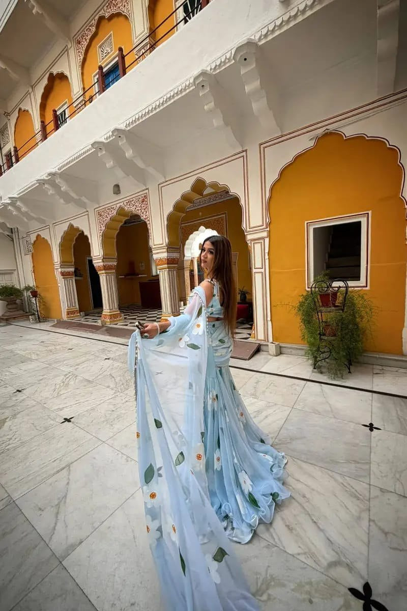 Womenline Powder Blue Floral Printed Premium Georgette Lehenga Saree