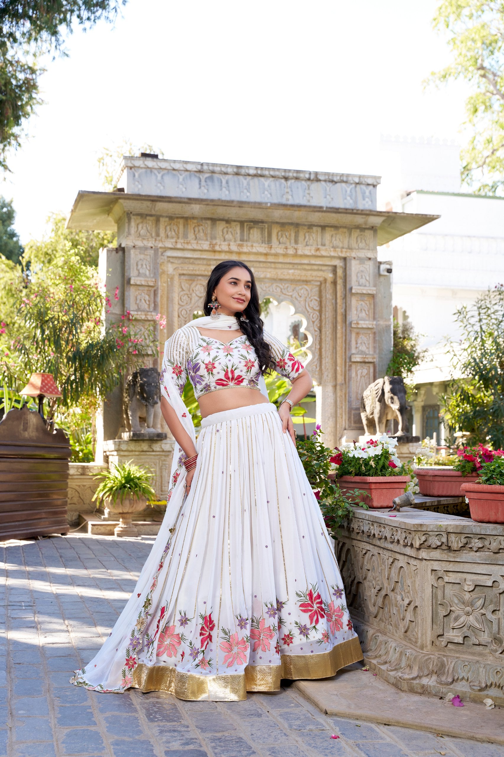 Womenline White Color Georgette Thread Embroidered Lehenga Choli