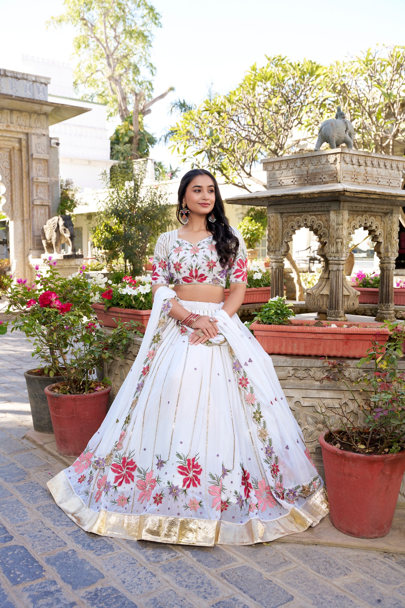 Womenline White Color Georgette Thread Embroidered Lehenga Choli