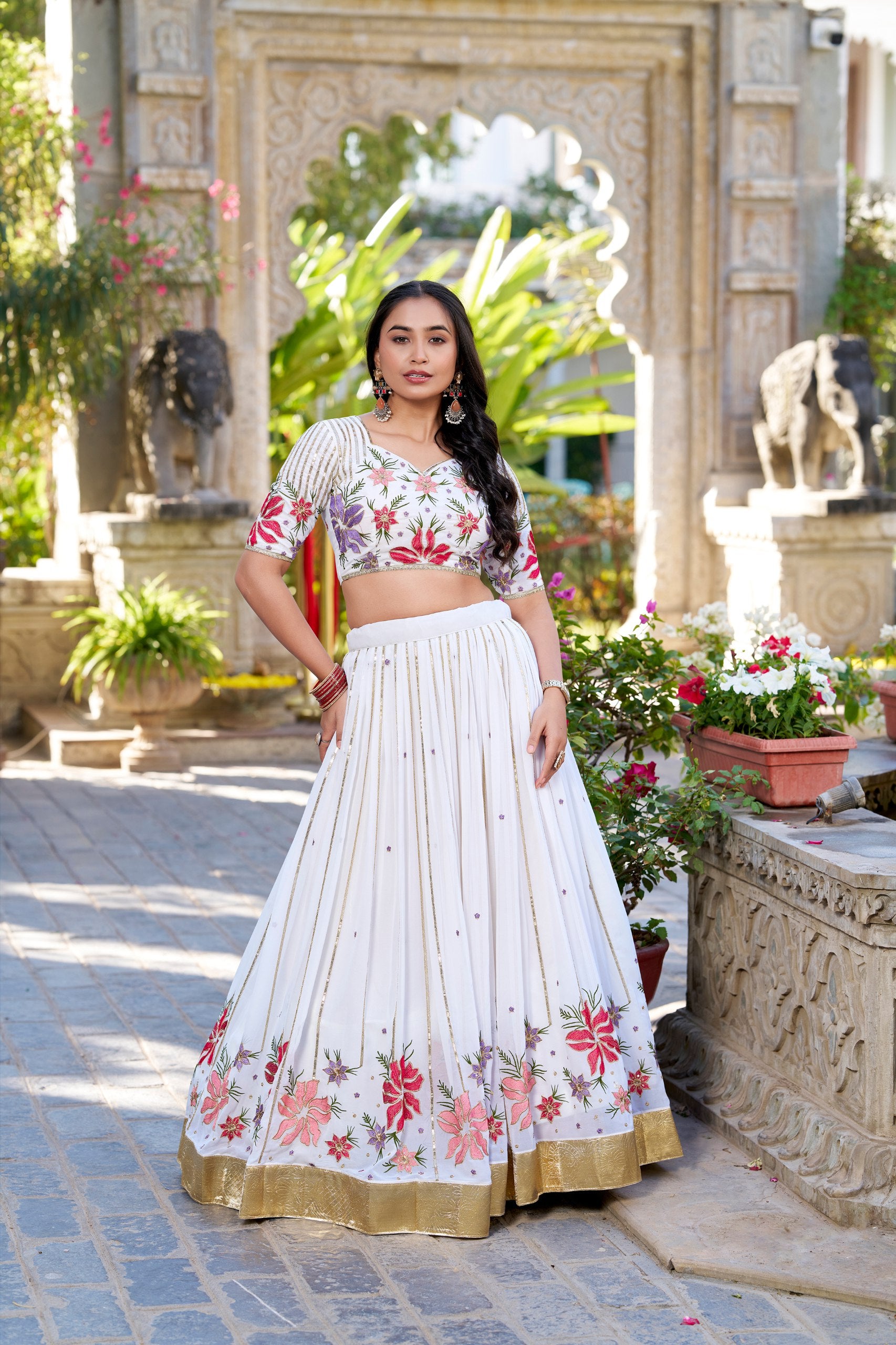 Womenline White Color Georgette Thread Embroidered Lehenga Choli