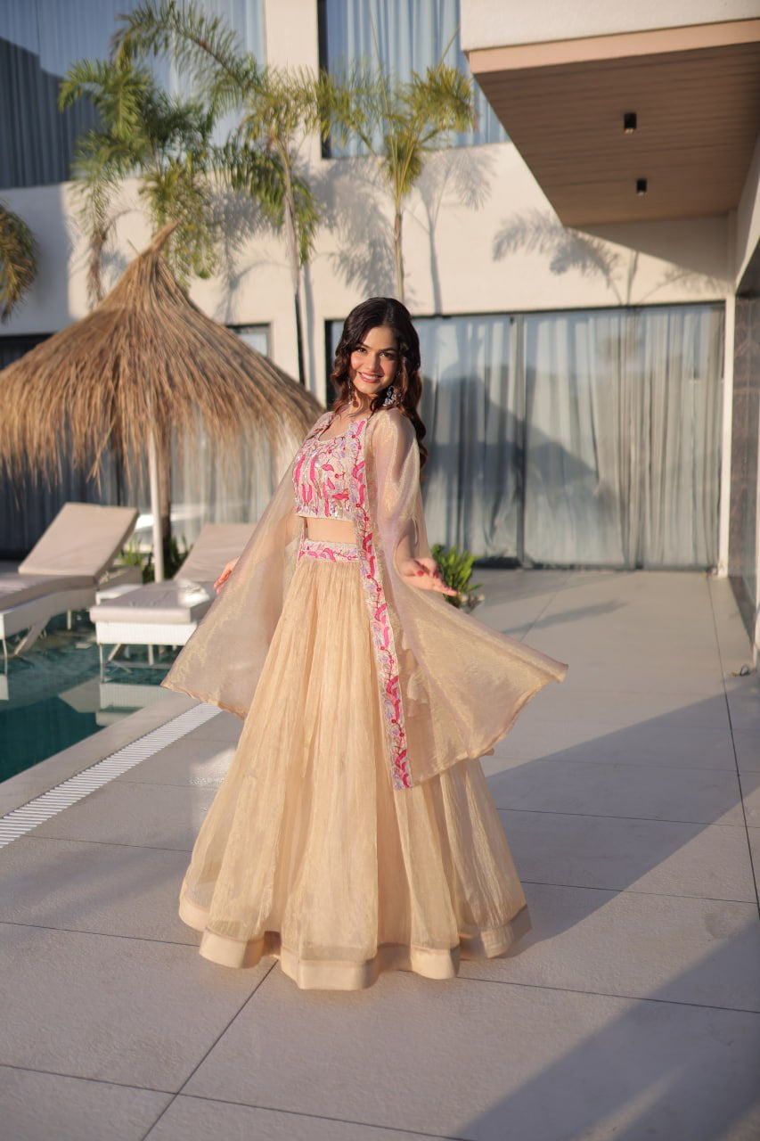 Womenline Elegant Champagne Gold Lehenga Choli Set with Dupatta