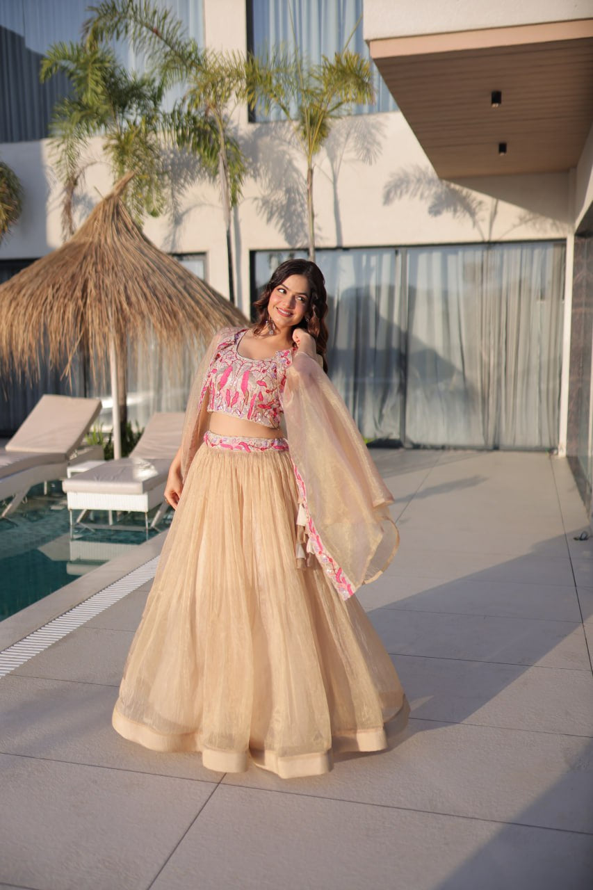 Womenline Elegant Champagne Gold Lehenga Choli Set with Dupatta