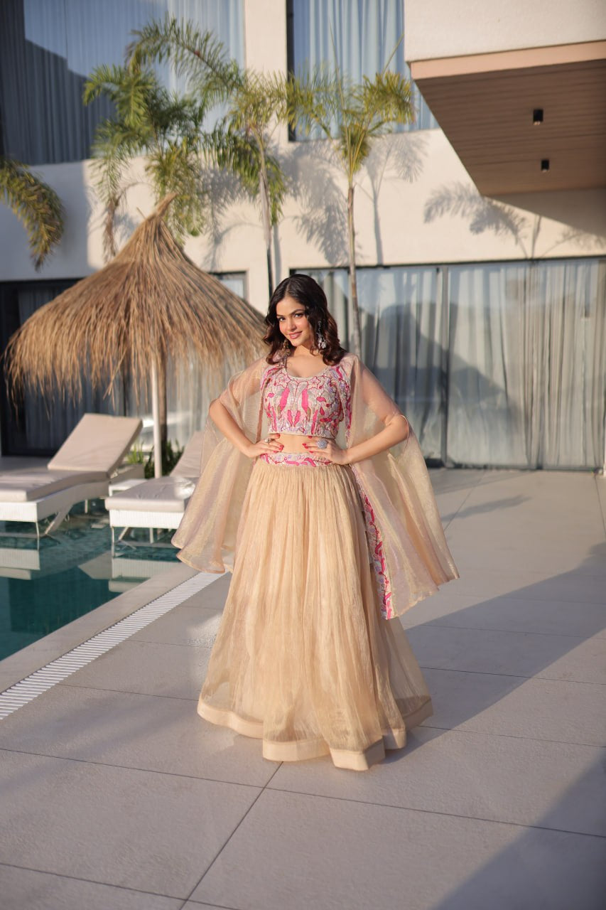 Womenline Elegant Champagne Gold Lehenga Choli Set with Dupatta