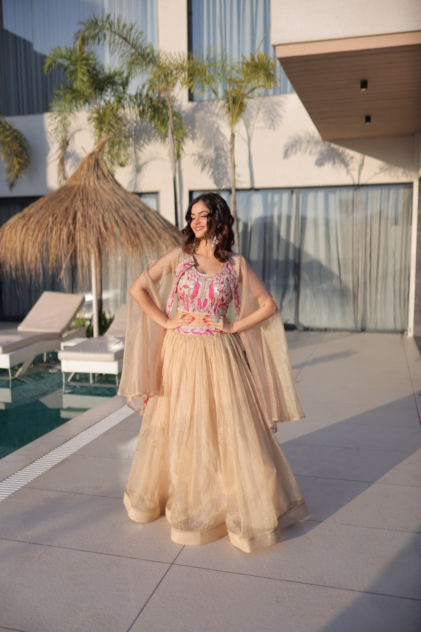 Womenline Elegant Champagne Gold Lehenga Choli Set with Dupatta