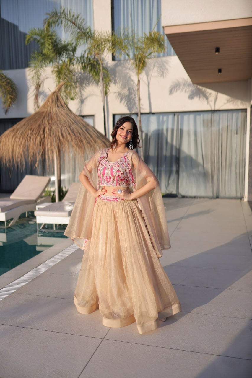 Womenline Elegant Champagne Gold Lehenga Choli Set with Dupatta