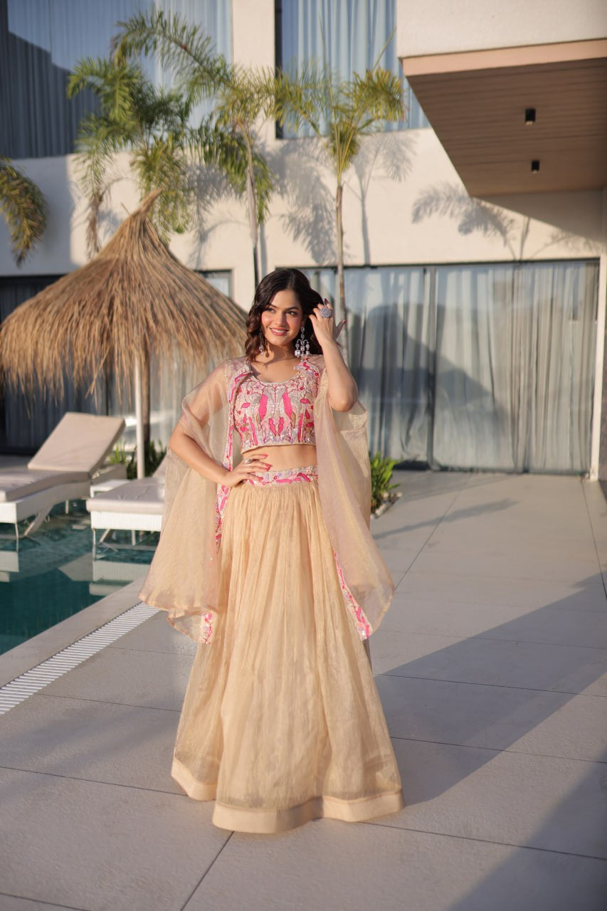 Womenline Elegant Champagne Gold Lehenga Choli Set with Dupatta