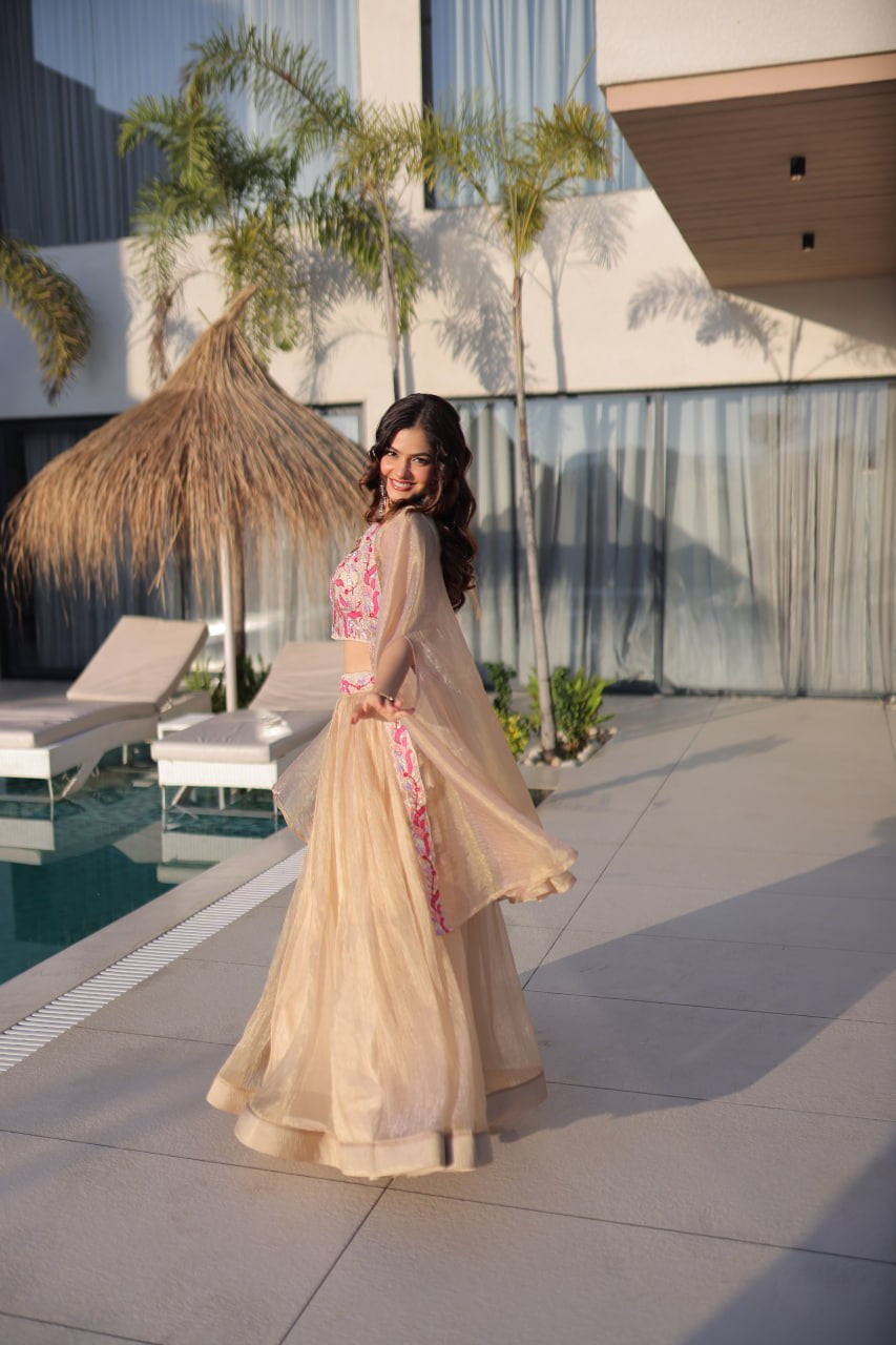 Womenline Elegant Champagne Gold Lehenga Choli Set with Dupatta