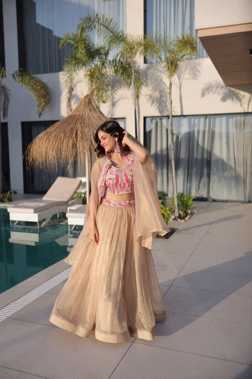 Womenline Elegant Champagne Gold Lehenga Choli Set with Dupatta