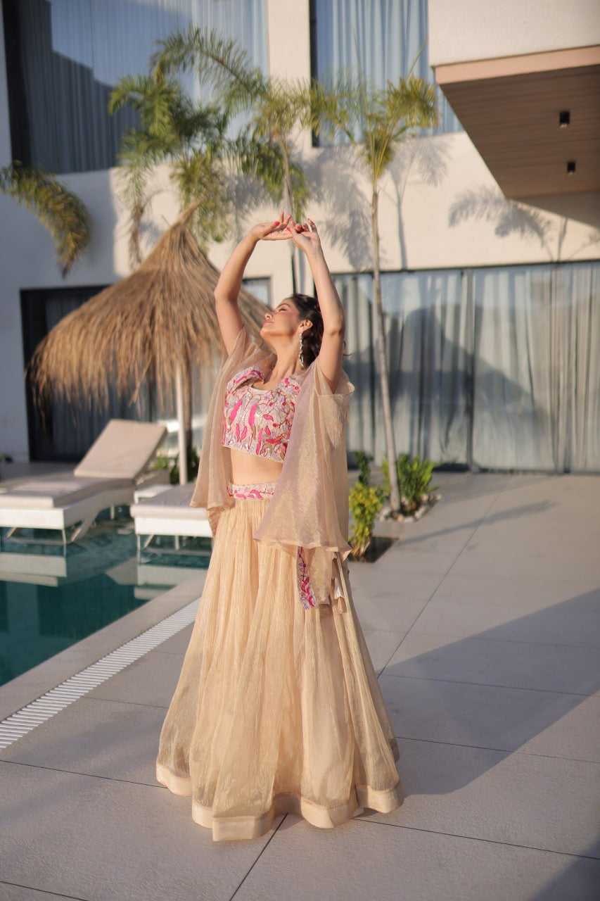 Womenline Elegant Champagne Gold Lehenga Choli Set with Dupatta