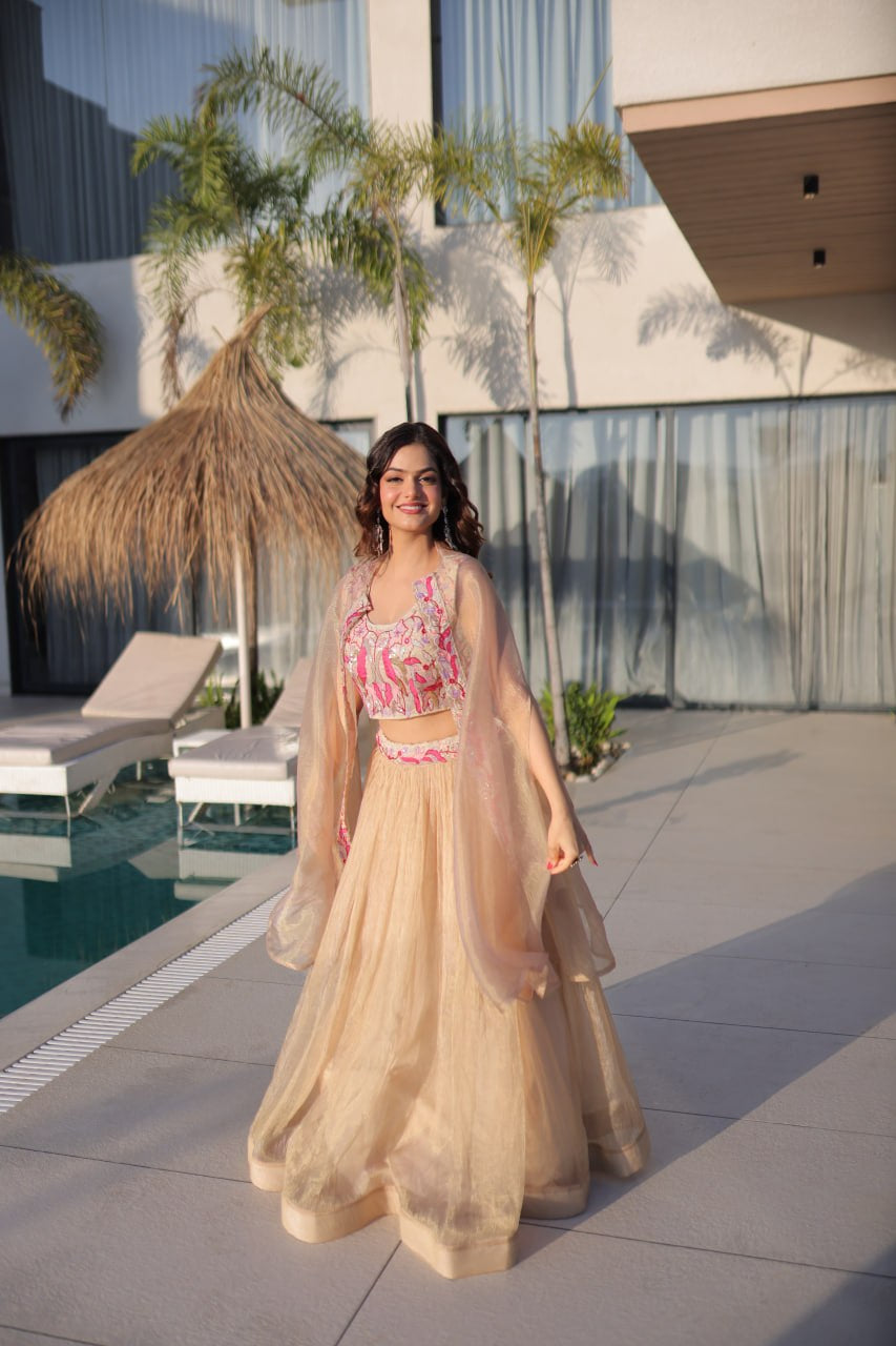 Womenline Elegant Champagne Gold Lehenga Choli Set with Dupatta