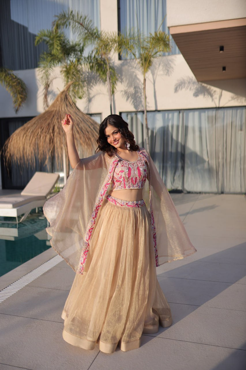 Womenline Elegant Champagne Gold Lehenga Choli Set with Dupatta