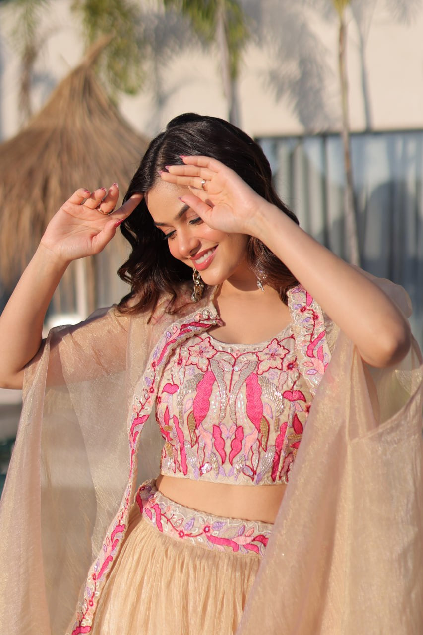 Womenline Elegant Champagne Gold Lehenga Choli Set with Dupatta