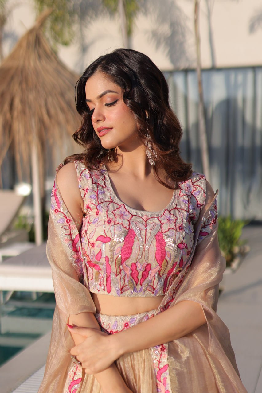 Womenline Elegant Champagne Gold Lehenga Choli Set with Dupatta