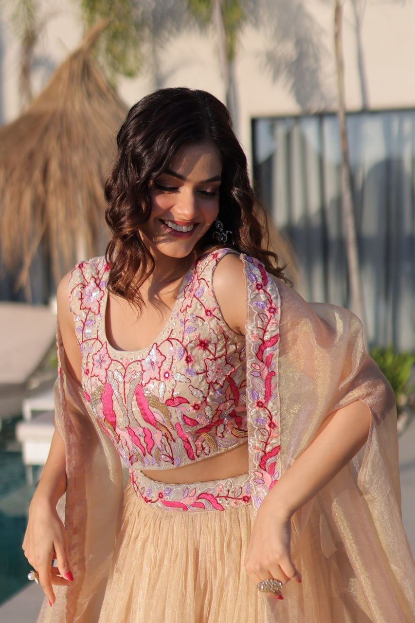 Womenline Elegant Champagne Gold Lehenga Choli Set with Dupatta