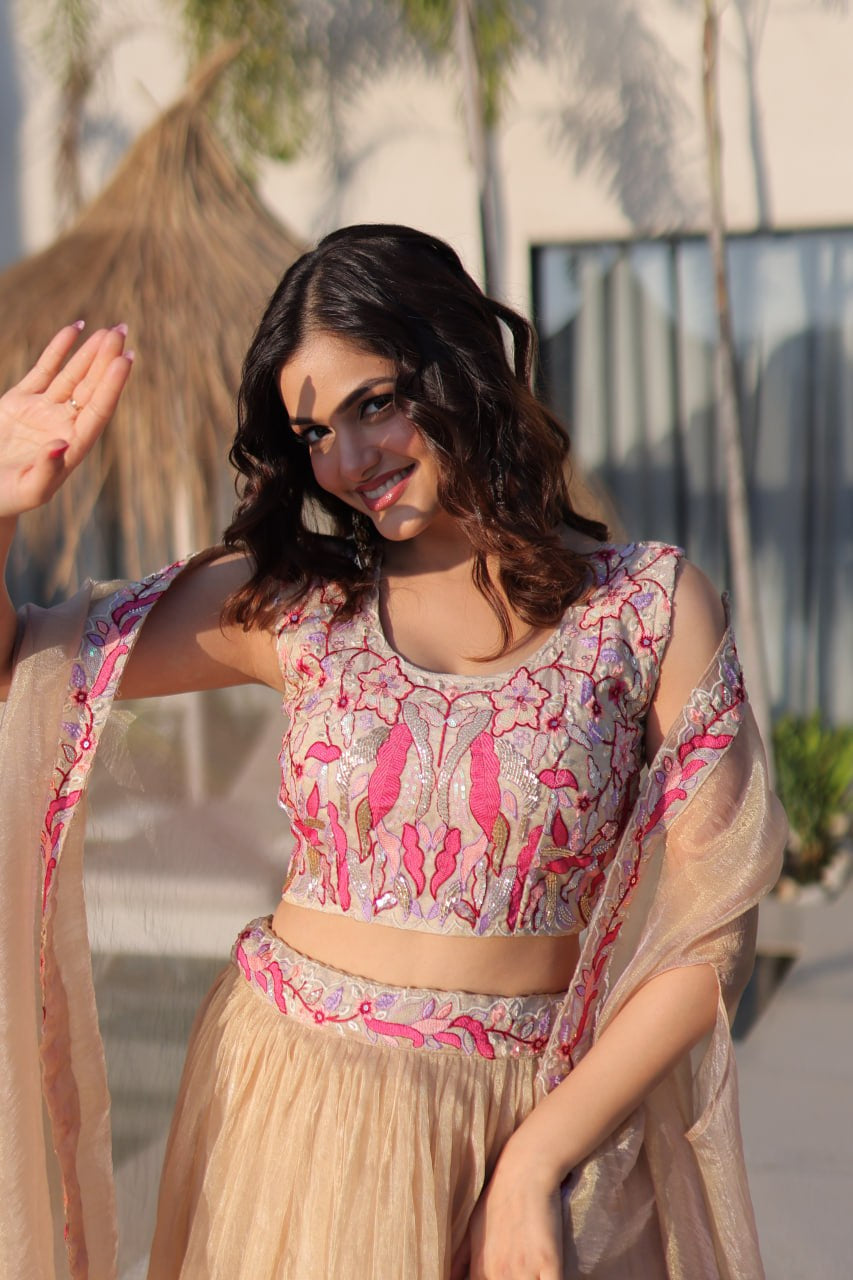Womenline Elegant Champagne Gold Lehenga Choli Set with Dupatta