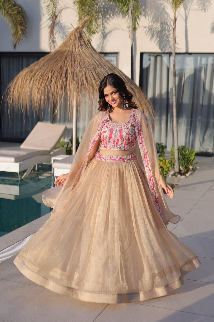 Womenline Elegant Champagne Gold Lehenga Choli Set with Dupatta