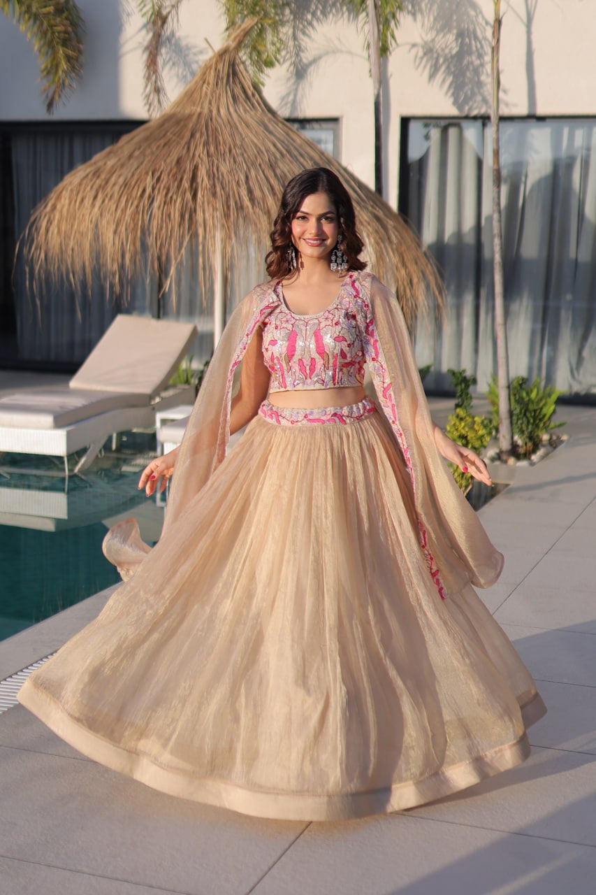 Womenline Elegant Champagne Gold Lehenga Choli Set with Dupatta