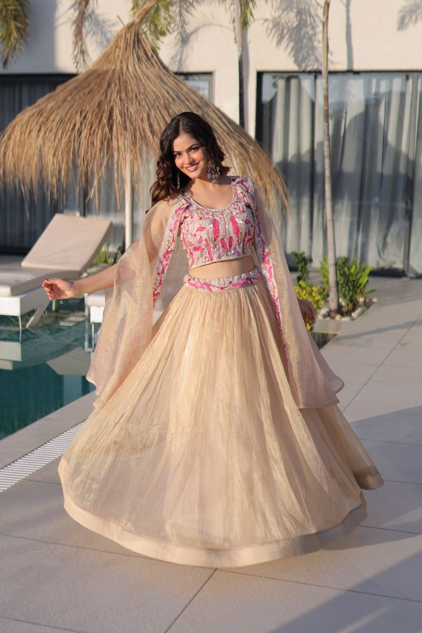 Womenline Elegant Champagne Gold Lehenga Choli Set with Dupatta