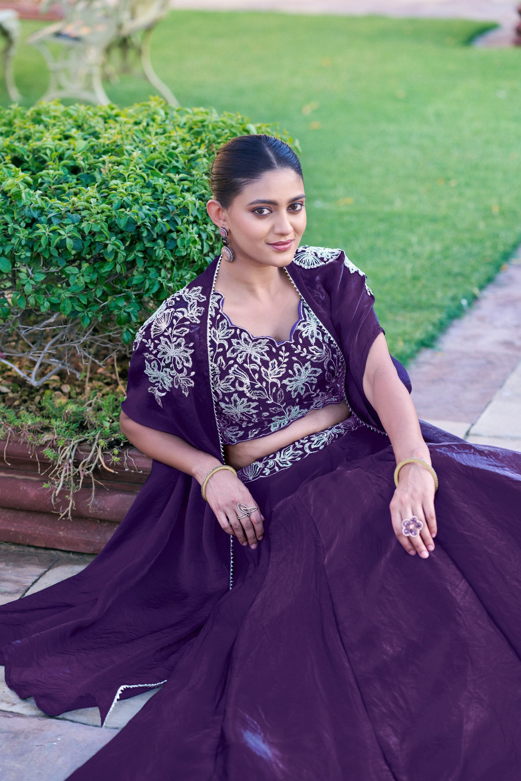 Womenline Deep Plum Embroidered Lehenga Choli Set with Draped Cape Dupatta