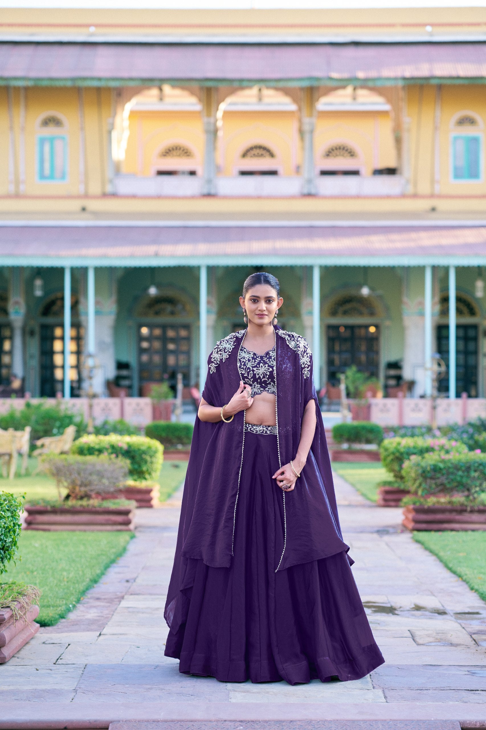 Womenline Deep Plum Embroidered Lehenga Choli Set with Draped Cape Dupatta