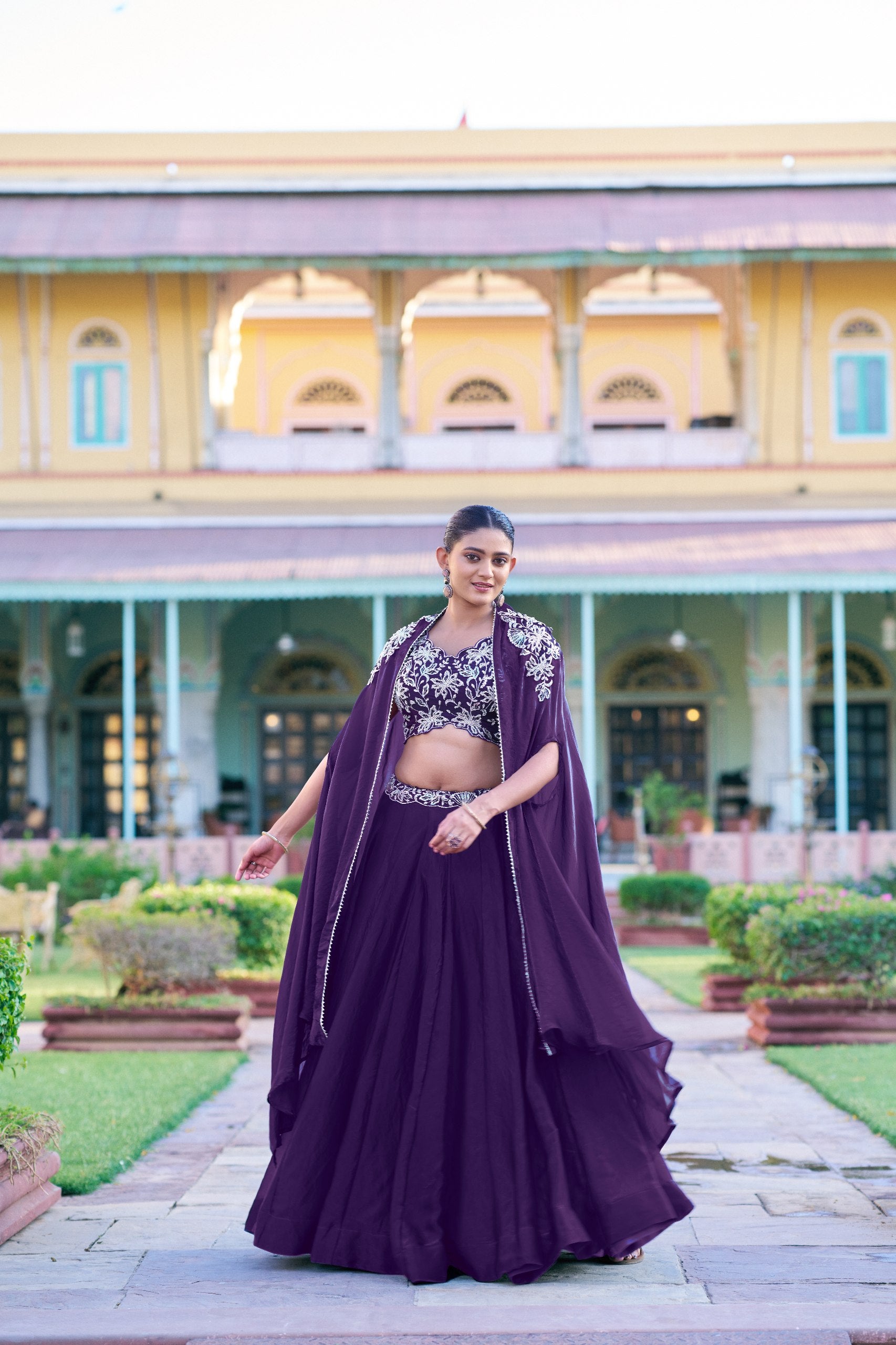Womenline Deep Plum Embroidered Lehenga Choli Set with Draped Cape Dupatta