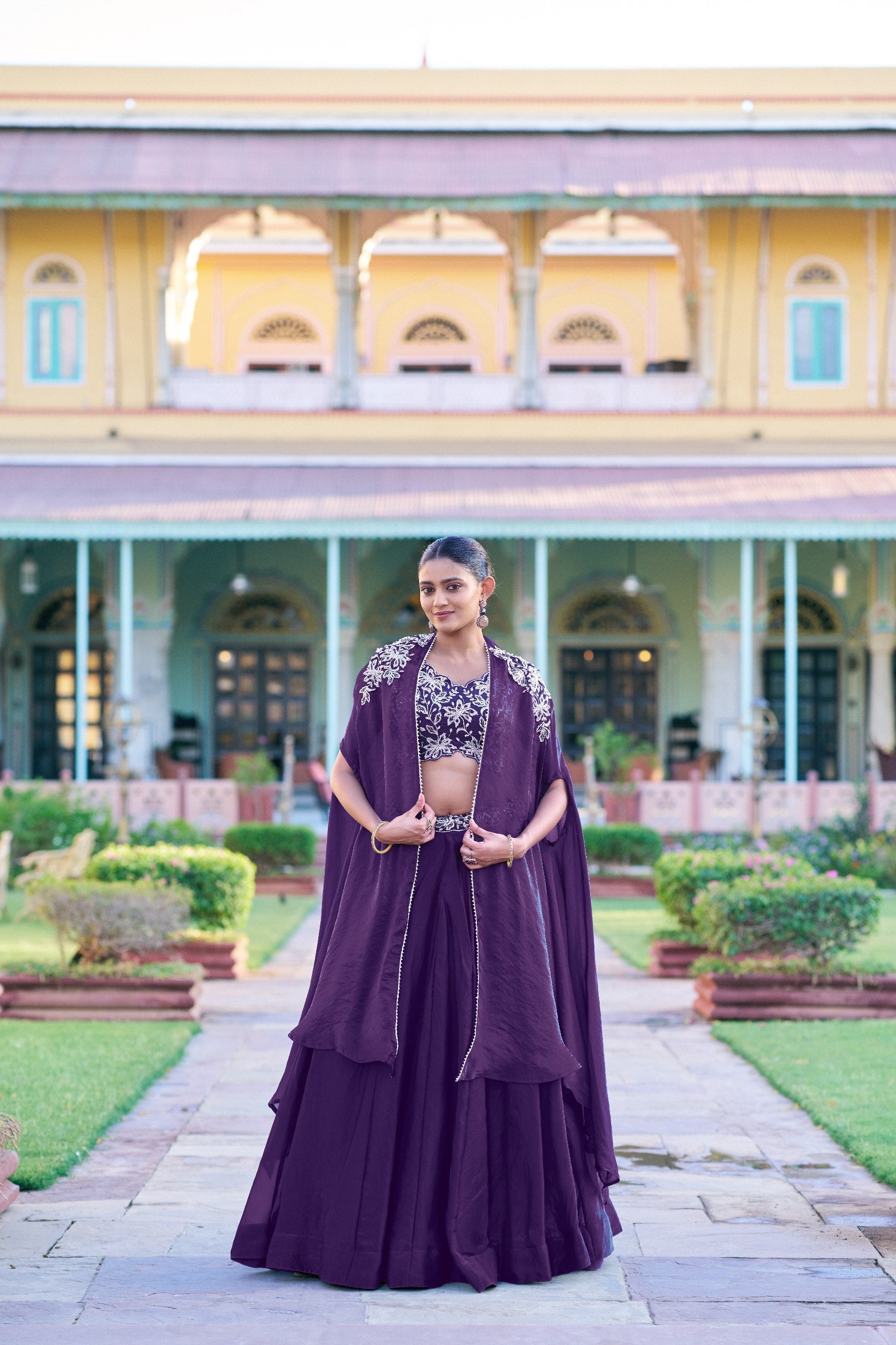 Womenline Deep Plum Embroidered Lehenga Choli Set with Draped Cape Dupatta