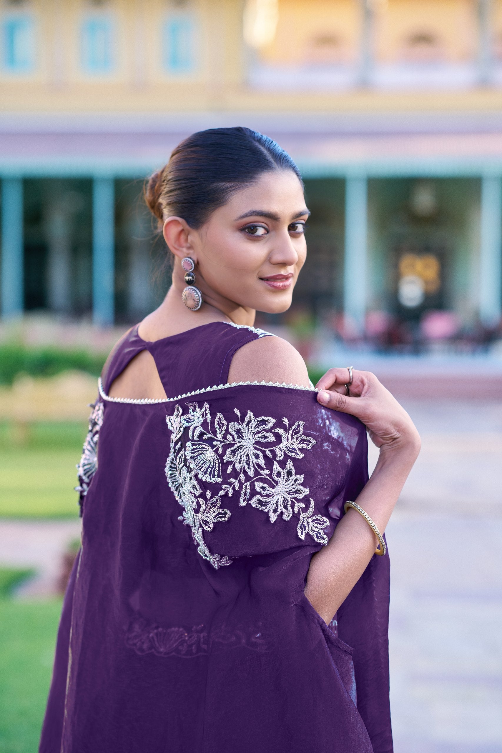 Womenline Deep Plum Embroidered Lehenga Choli Set with Draped Cape Dupatta