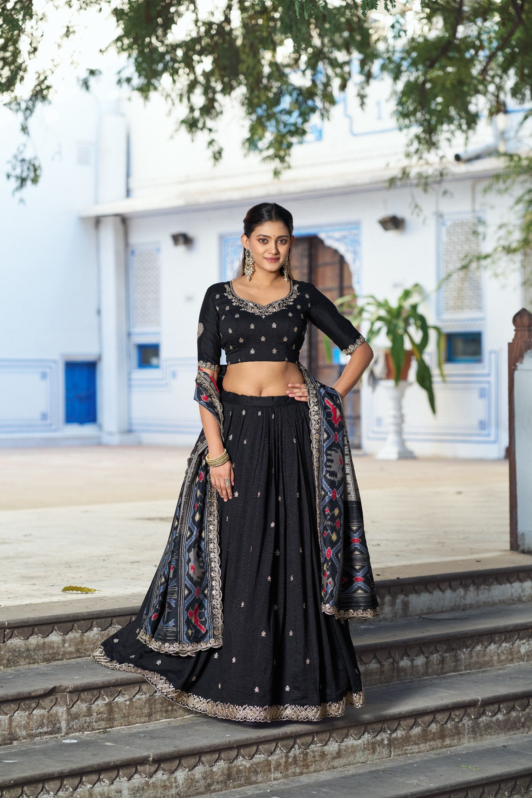Womenline Premium Black Embroidered Vichitra Silk Lehenga Choli