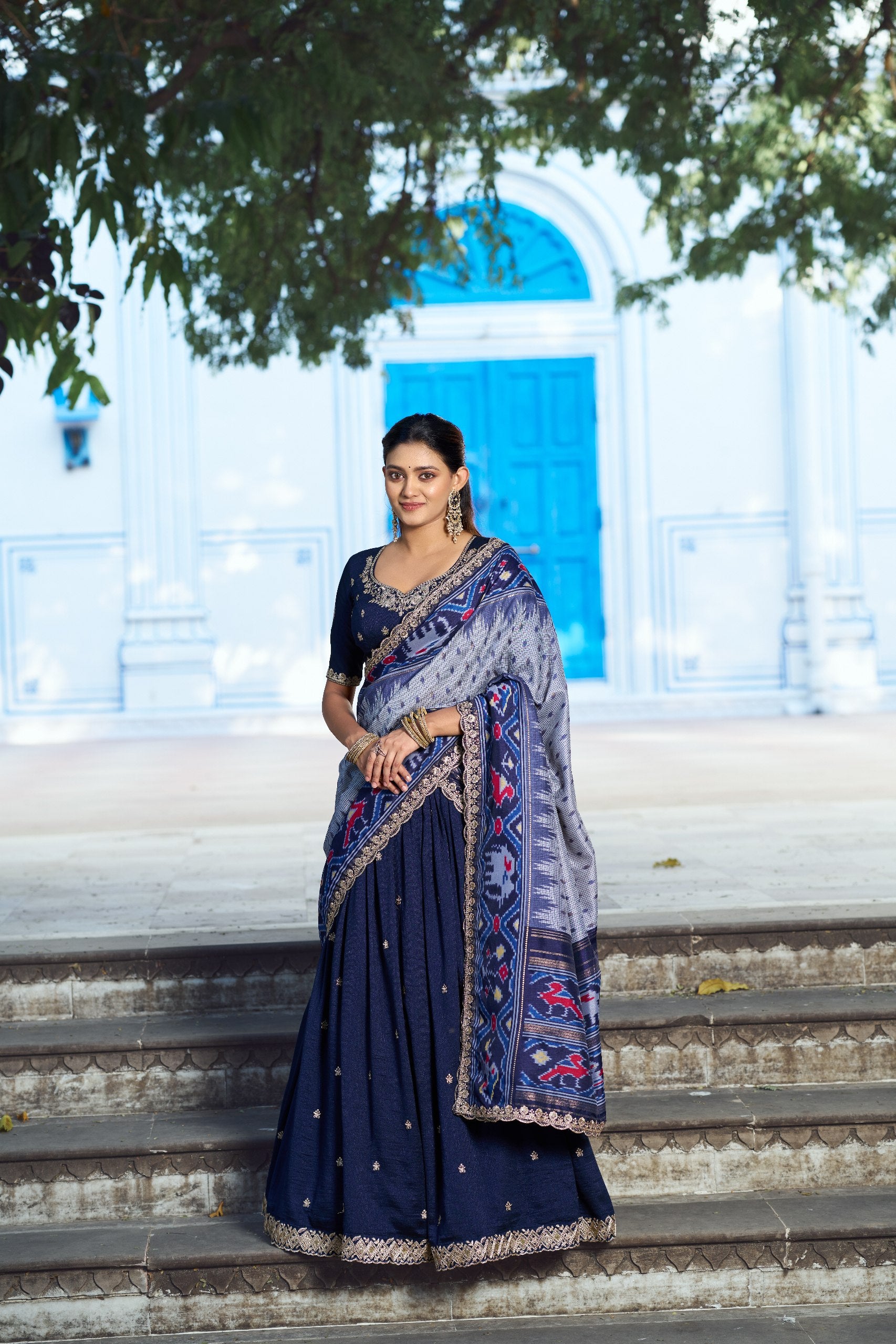 Womenline Premium Navy Blue Embroidered Vichitra Silk Lehenga Choli