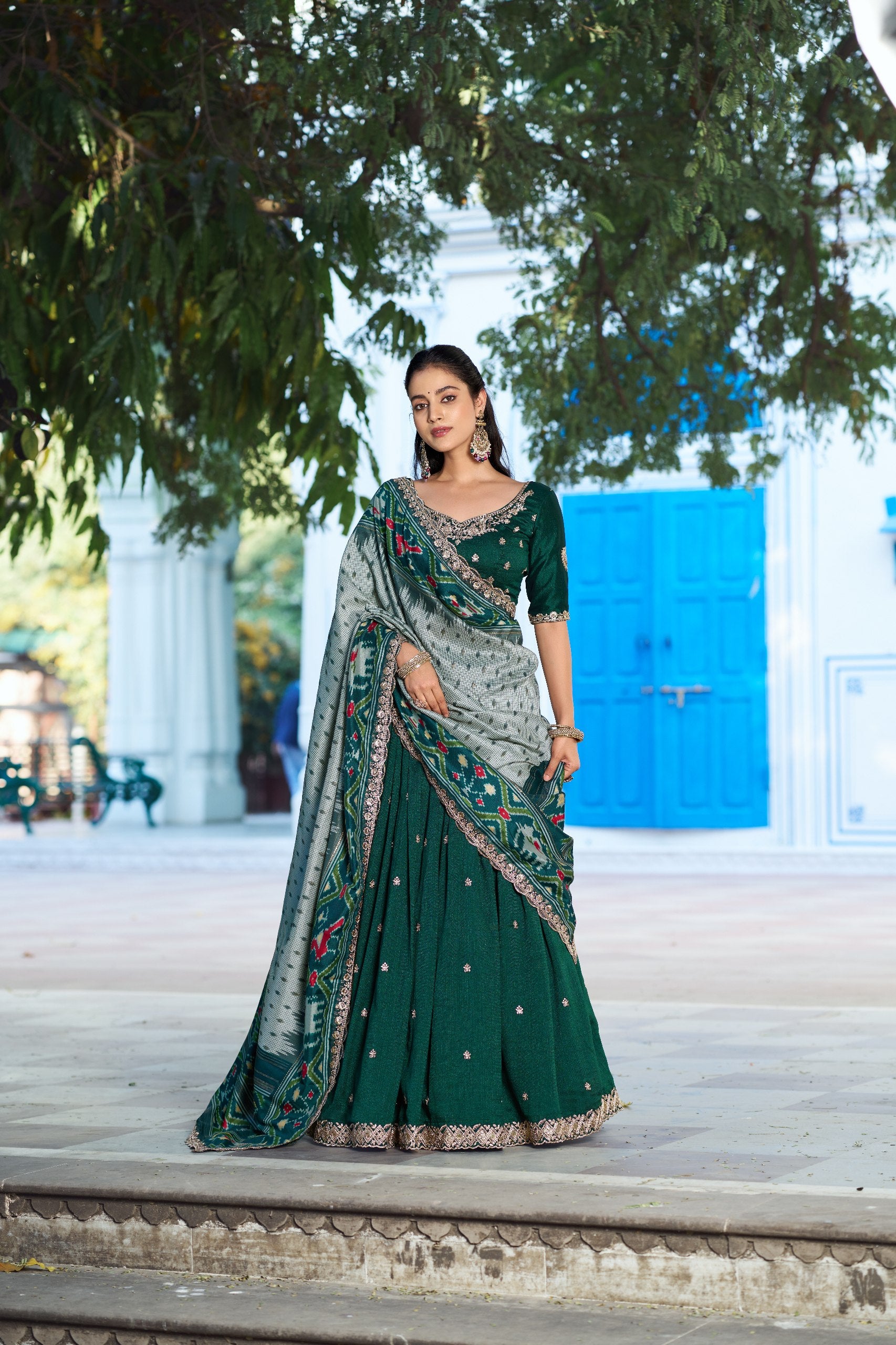 Womenline Premium Green Embroidered Vichitra Silk Lehenga Choli