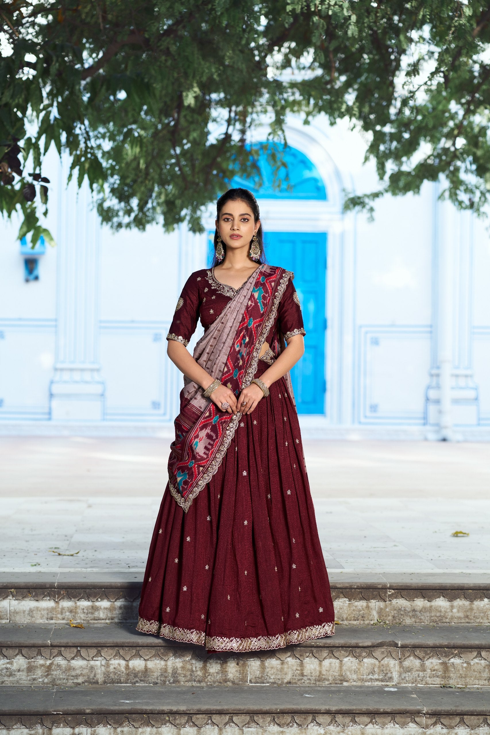 Womenline Premium Maroon Embroidered Vichitra Silk Lehenga Choli
