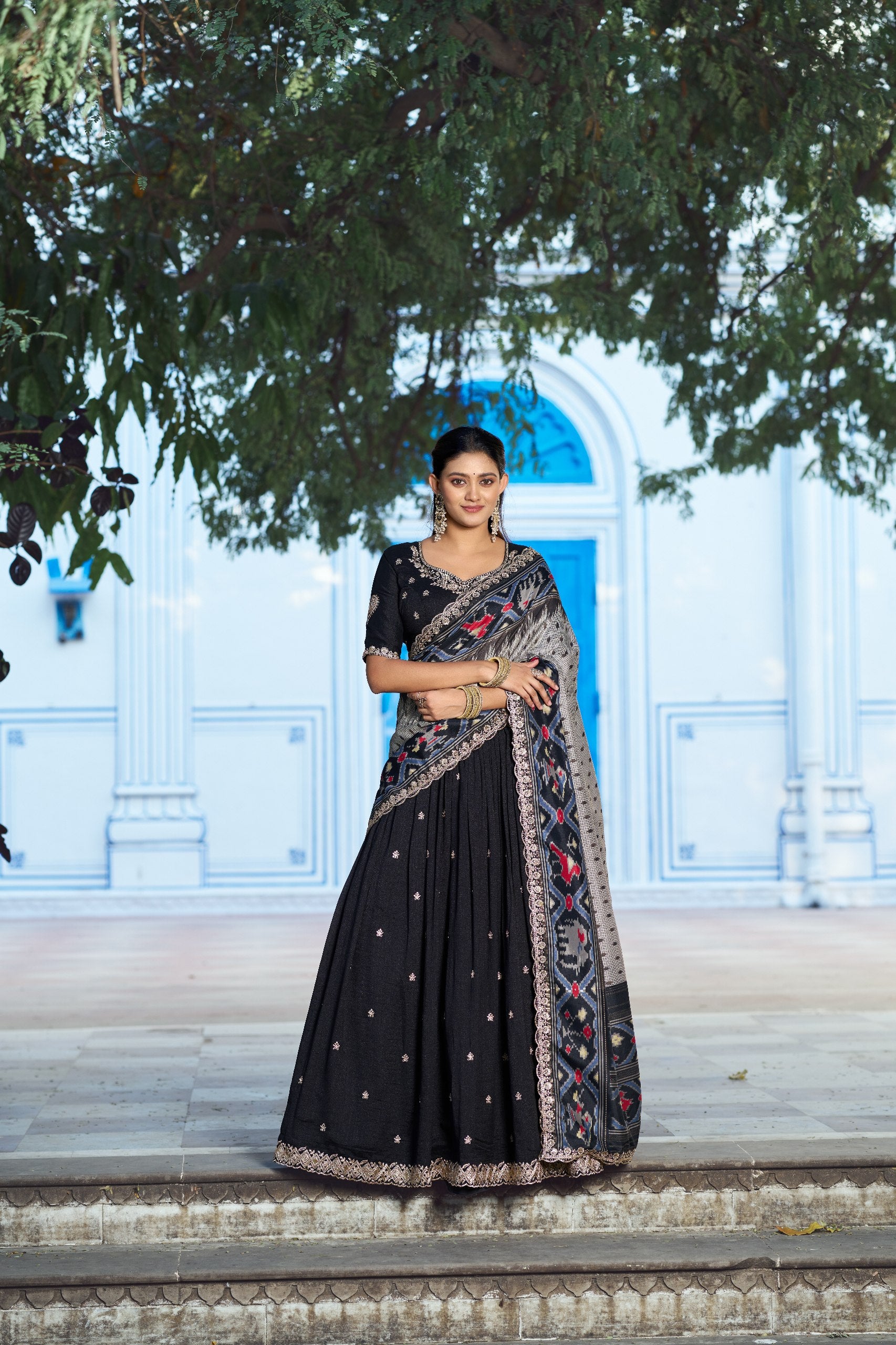Womenline Premium Black Embroidered Vichitra Silk Lehenga Choli