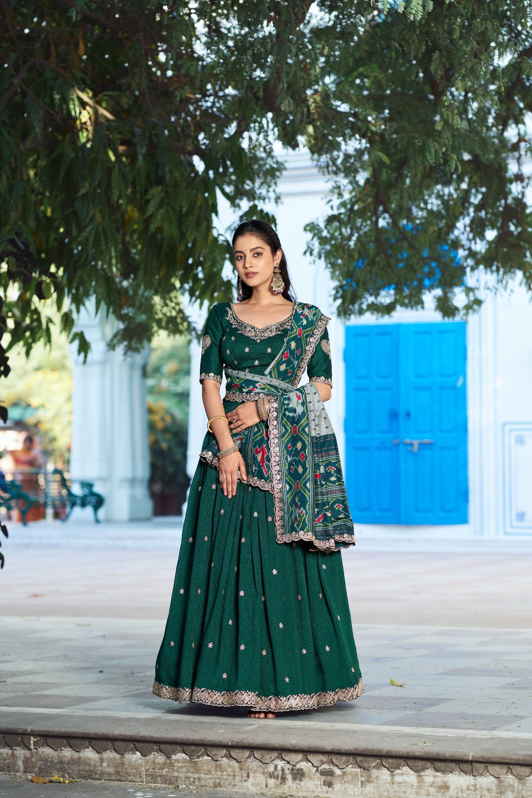 Womenline Premium Green Embroidered Vichitra Silk Lehenga Choli
