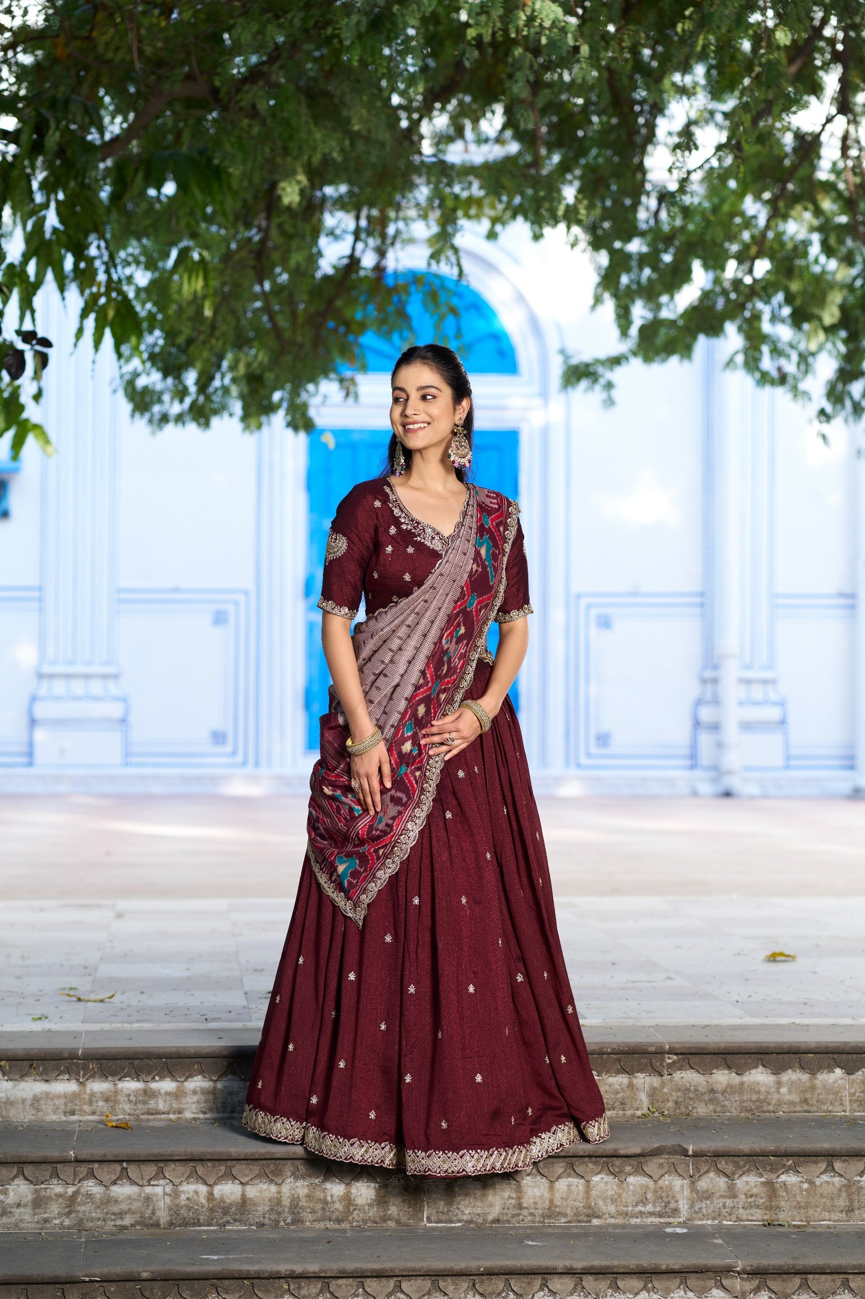 Womenline Premium Maroon Embroidered Vichitra Silk Lehenga Choli