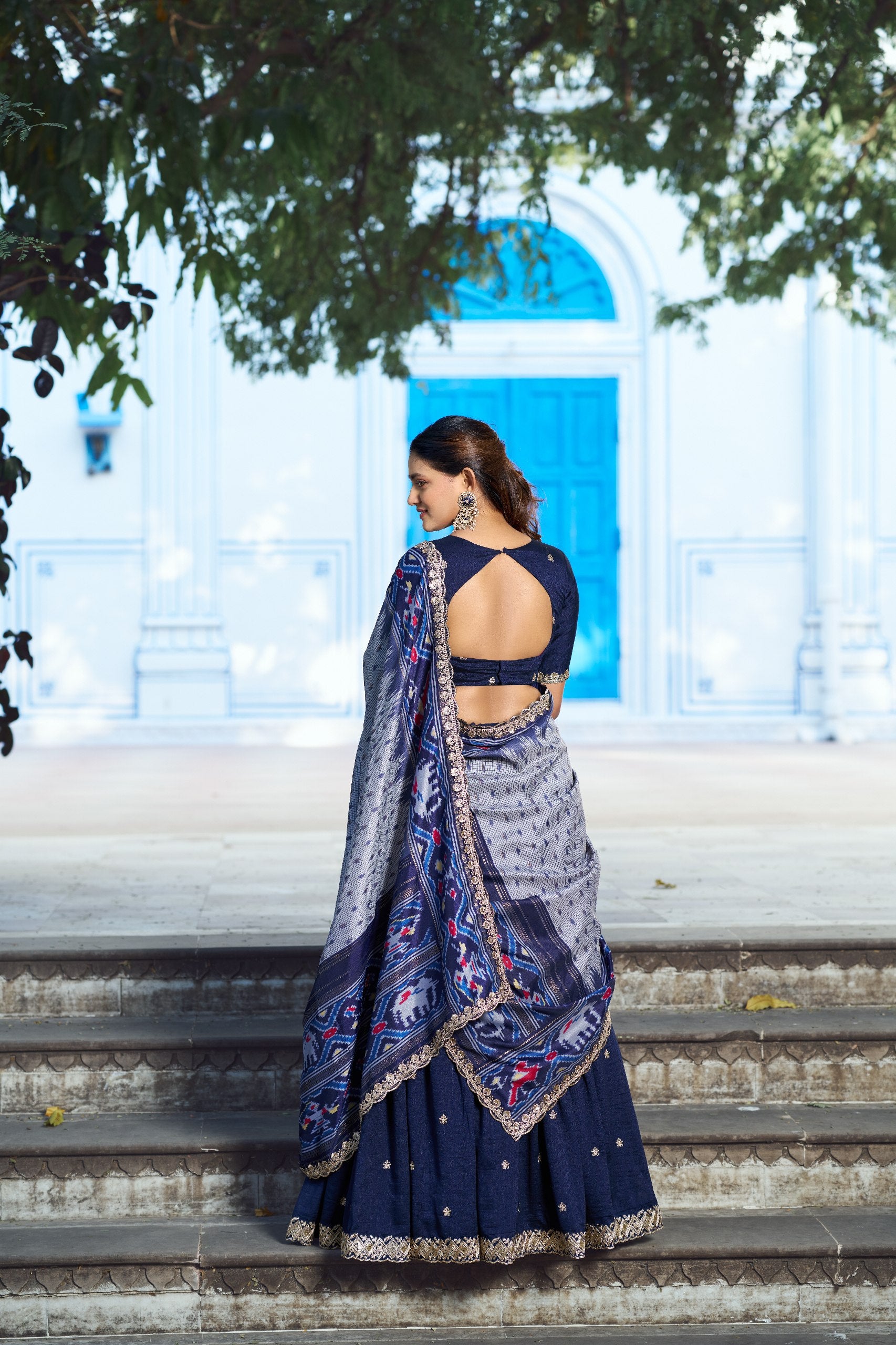 Womenline Premium Navy Blue Embroidered Vichitra Silk Lehenga Choli