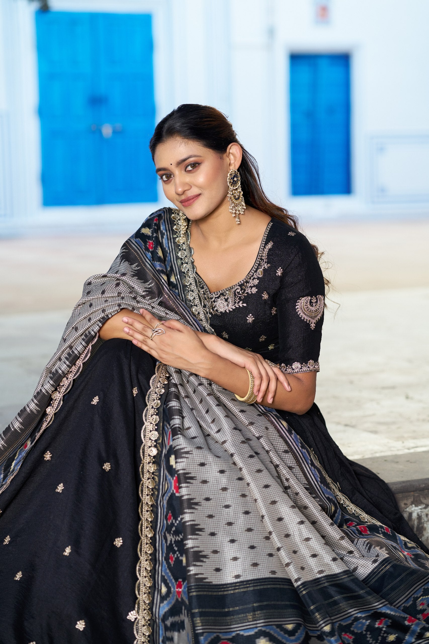 Womenline Premium Black Embroidered Vichitra Silk Lehenga Choli