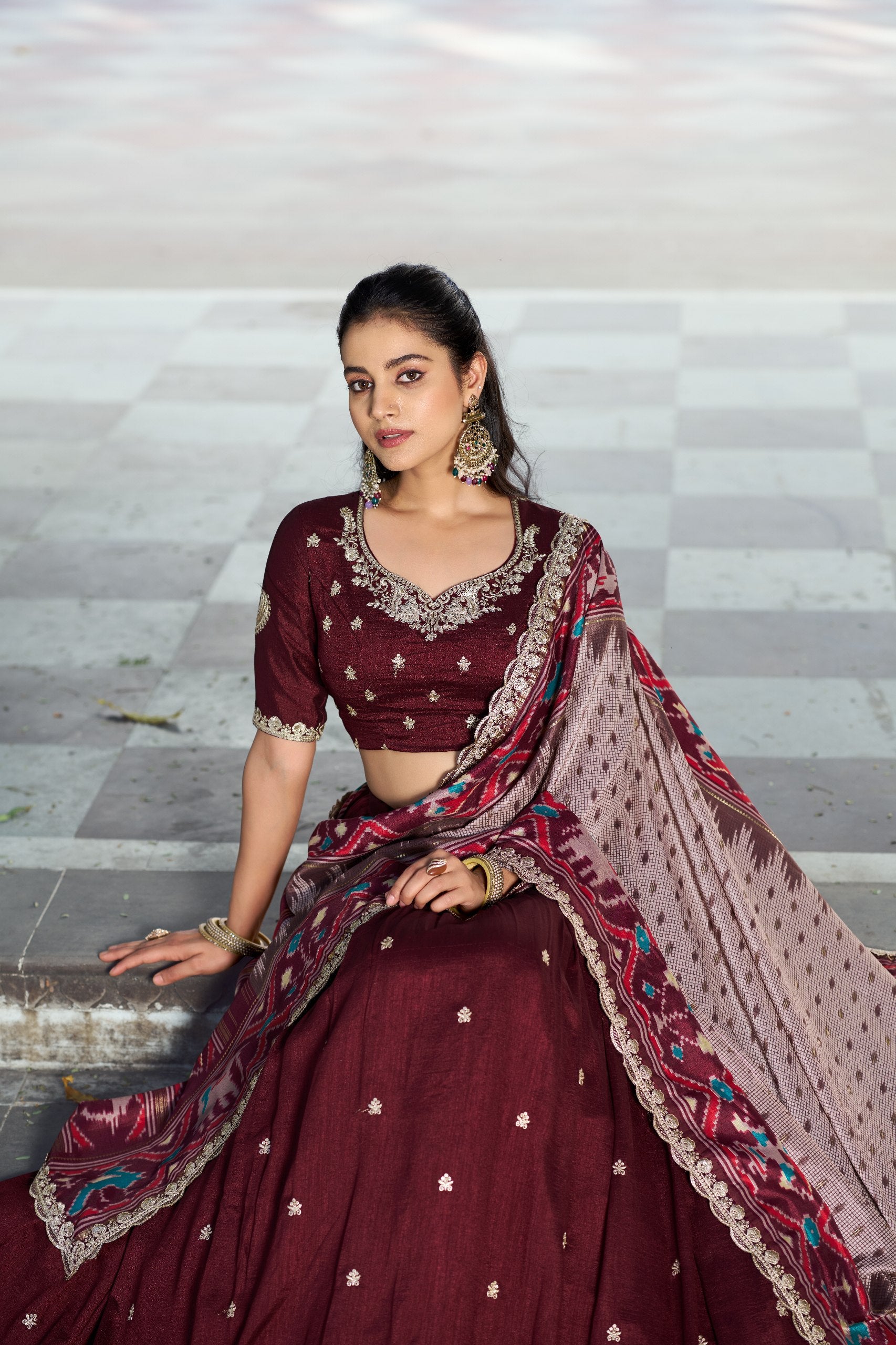Womenline Premium Maroon Embroidered Vichitra Silk Lehenga Choli