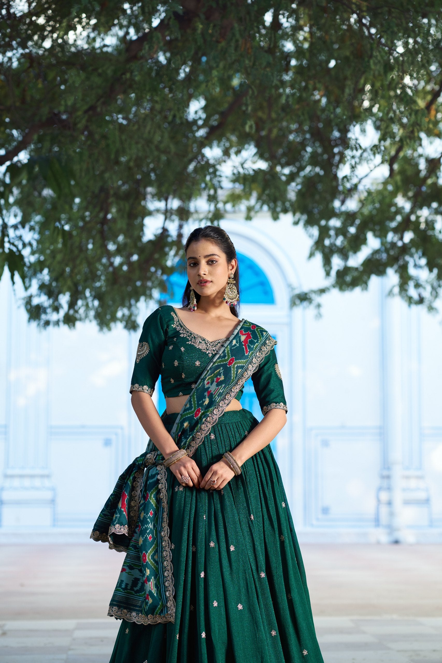Womenline Premium Green Embroidered Vichitra Silk Lehenga Choli