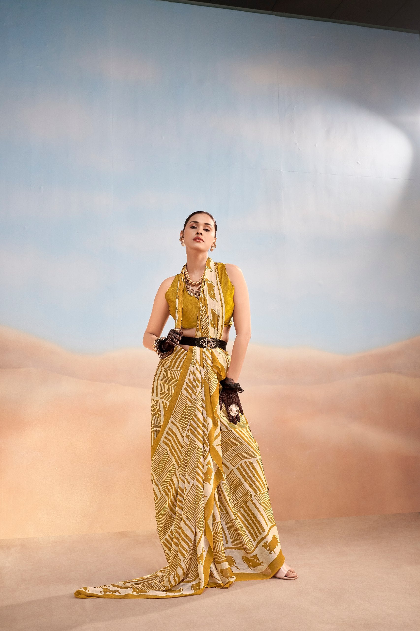 Womenline Mustard Yellow Printed Saree with Contemporary Geometric & Animal Motif Design