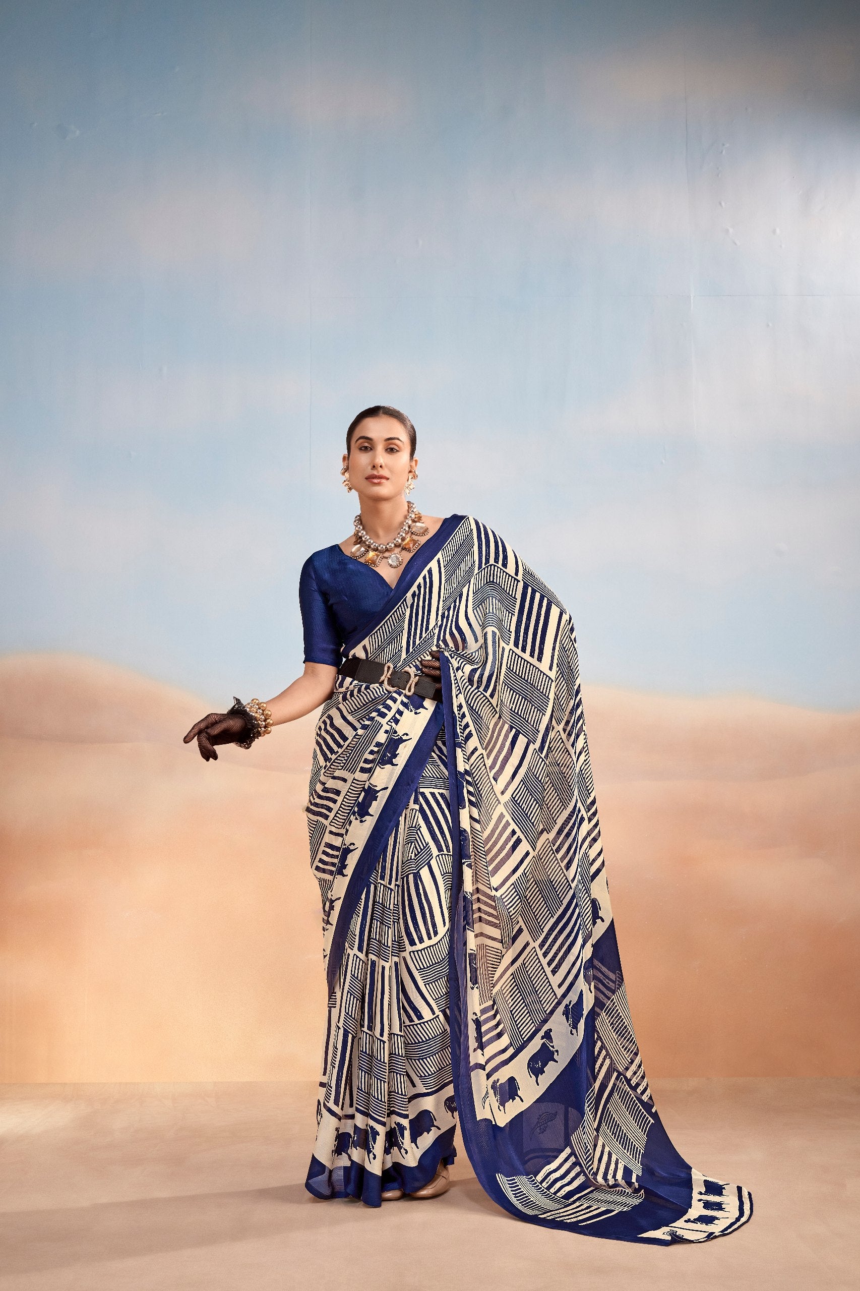 Womenline Royal Blue Printed Saree with Geometric & Animal Motif Design